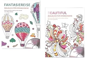 MARZOON 2er Set große Erwachsenen Malbücher mit Musik CD für Entspannung, Meditation & Anti-Stress (Fantasiereise & Beautiful)