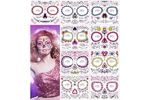 GoldRock Tymczasowy tatuaż na twarz, 9 zestawów tatuaży Sugar Skull, naklejki na Dzień Zmarłych, wzór róży na Halloween, maskaradę i imprezy, straszne naklejki do makijażu