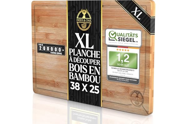 Deer & Oak Planche a Decouper Bois Bambou 38 x 25 x 2 cm, pour découper la viande ou les légumes – Planche à Découper Professionnelle - Bois pré-huilé, traité et esthétique