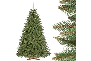FairyTrees Albero di Natale Artificiale 220cm Abete Rosso/Peccio Naturale con Supporto in Legno | Abete di Natale Artificiale con Tronco Verde | Facile da Montare | Prodotto in EU