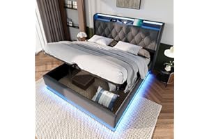 Dolamaní Łóżko tapicerowane podwójne 180 x 200 cm bez materaca, łóżko z miejscem do przechowywania i stelażem, łóżko funkcyjne, tapicerowany zagłówek, materiał lniany, szare