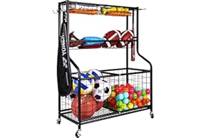 Fitvids Garagen-Sportgerät-Organizer, Garagenball-Aufbewahrung, Sportausrüstung, Garagen-Organizer mit Körben und Haken, rollender Sportball-Aufbewahrungswagen, schwarz, Stahl, mehrere Stile