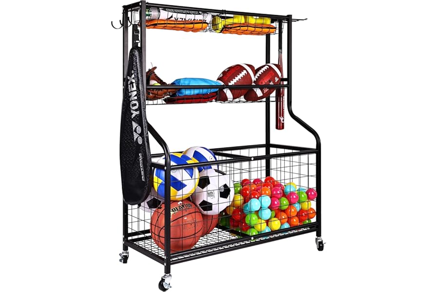Fitvids Signature Fitness Garage Sports Equipment Organizer, 3-Tier with Large Base, Black, Steel, Sports Gear Storage, Garage Organizer with Baskets and Hooks, Rolling Sports Ball Storage Cart