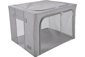 Periea ‘Beau’ Folding Collapsible Stackable Fabric Home Storage Boxes with Steel Frames (Grey Denim Effect, Large)