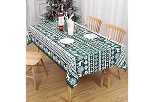 LinTimes Prostokątny obrus bożonarodzeniowy WipeClean, wzór choinki i jelenia, olejoodporne i wodoodporne obrusy na święta, Boże Narodzenie, dekoracja domu, 132 x 180 cm, zielony