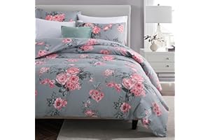 MOONLIGHT20015 Double Duvet Set Soft Printed Luxury Bedding Set Brushed Microfiber Duvet Cover with Pillowcases (Grey Bouquet 200x200 CM)