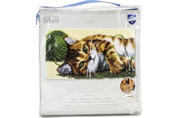 Vervaco Kit Tapis Point Noué Á Faire CHAT JOUANT Broderie Debutant DIY Latch Hook Kit Complet Decoration Maison Manuelle Loisir Créatif ca. 67 x 39 cm Embroidery