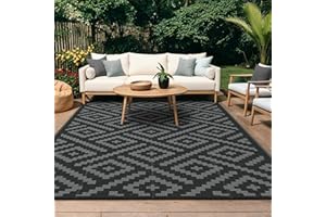 GENIMO Outdoor Rug Garden Rugs Waterproof Reversible Recycled Outdoor Carpet Washable UV Resistant Modern Area Rugs for Patios, Picnic, Backyard, 180x275cm, Black & Grey