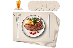 IKWOLETI Manteles Individuales Reutilizables y Lavables de Cuero Ecológico - Antideslizantes, Impermeables y Resistentes al Calor, Casa y Oficina, Juego de 6, Beige