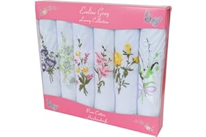 HANDKERCHIEF HUT Handkerchiefs 6 Ladies Coloured And White Boxed Embroidered 100% cotton, 12ins / 30cm, White with floral design