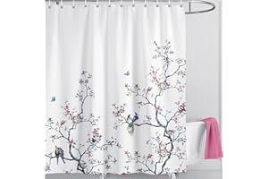 LIVETTY White Bird Floral Shower Curtain 180cm × 180cm Mould Proof Butterfly Fabric Bathroom curtain For Women & Men With 12 Hooks Washable Quick-Drying Curtains