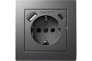 MC POWER - Gniazdo wtykowe ze stykiem ochronnym z 1 x USB-C - 18 W QuickCharge - 1 x USB-A | FLAIR | 250 V ~/16 A, podtynkowe, antracytowe, matowe
