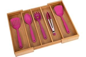 Seville Classics Bamboo Premium Organizer Storage Bins for Kitchen Silverware, Pantry, Closet, Office Desk, Pens, Utensils, Makeup, K Cup, Bamboo, Expandable Tray (5 Compartment)