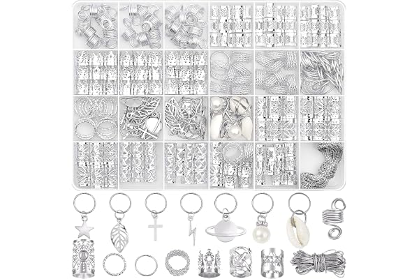 Lucomb Lot de 259 bijoux et accessoires de cheveux – Bijoux en argent, manchettes, clips, breloques, bagues pour tresses, dreadlocks et décoration de cheveux pour femme