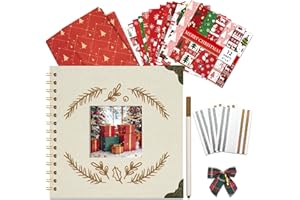 Vienrose Álbum de Recortes Navideño 20,5 x 20,5 cm, Álbum de Fotos Scrapbook DIY Tapa Lino, Papel Kraft 20 Hojas 40 Páginas, Libro Recuerdos con Ventana Cuadrada para Familia, Bodas y Viajes, Beige