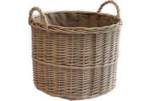 Arthur Cameron Deluxe Circular Wicker Log Basket with Handles & Lining - Large Wicker Storage Basket, Round Log Basket, Round Basket (Small, Antique Wash)