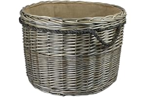 POP-IT-IN-A-PELICAN Range of large Antique grey Wicker log baskets. Rope handles. Wood & kindling storage for fireplace. Or shoes toys washing clothes bin (145 litres, Round)