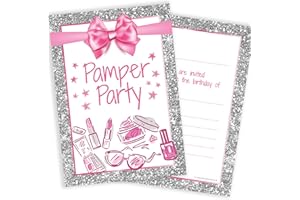 Olivia Samuel 20 x Pamper Party Invitations - Girl/Teen Birthday Invites - Pink and Photo Effect Silver Glitter Effect - A6 Postcard Size with envelopes