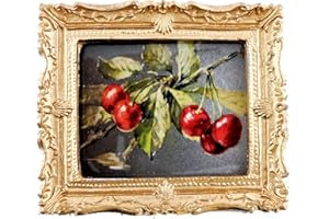 MELODY JANE Dolls House Miniature Accessory Cherries on a Branch Picture Painting Gold Frame