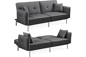 ‎YAHEETECH Yaheetech Klappbares Schlafsofa Bettsofa aus Leinenstoff Tagessofa mit 2 Kissen, Sofa Couch mit Bettfunktion Liegefläche 177 cm L × 110 cm B fürs Wohnzimmer/Schlafzimmer/Gästezimmer Hellgrau
