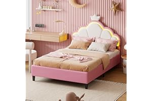 TIMORWTF Cama infantil de 90 x 200 cm, cama niña princesa con iluminación LED, cabecera ajustable en forma de corona, marco de camas acolchado con somier de láminas, para niños y adultos, terciopelo (rosa, 90