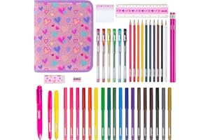 abeec 44-Piece Glitter Pencil Case – Girls' Stationery Set with Felt Tip Pens, Colouring Pencils, Gel Pens – Back-to-School Supplies – Ideal Gifts for Girls