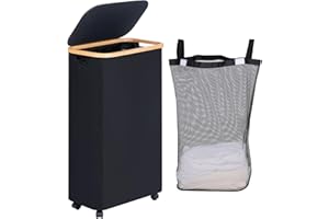 efluky Kosz na pranie na kółkach, 75 l, smukły kosz na pranie z pokrywką, czarny, składany pojemnik na pranie z bambusowymi uchwytami i zdejmowanym workiem, do sypialni, łazienki, pralni