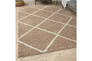 THE RUGS Shaggy Rug – Modern Moroccan Design Rugs for Living Room, Bedroom, Hallway, 3 cm Thick Area Rugs, (Diamond Beige/Ivory, 140x200cm)