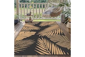 GENIMO Alfombra Exterior Terraza,Impermeable Reversible Plástico, Alfombra Barbacoa Exterior para Jardín, Picnic, Balcón, Hoja Negro Marrón, 180 x 275 cm