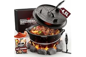Juego de Dutch Oven GUSSKÖNIG [4,5L] - ollas de hierro fundido, levantador de tapa- olla holandesa de hierro fundido - cocotte - sarten hierro fundido - cazuela hierro fundido - olla hierro fundido