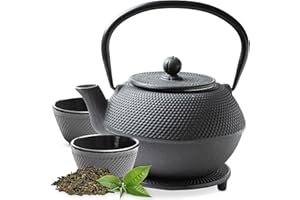 Tealøv TEIERA GHISA Set – Set Completo Teiera in Ghisa con Infusore, 2 Tazze et Sottoteiera – Interno Completamente smaltato - Design Elegante in Stile Giapponese (ARARE 1,1 LITRO Set, Nero)