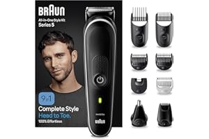 Braun Tondeuse Electrique Tout-En-Un Série 5 MGK5410, 9-En-1 Homme, Kit Styling Pour Tailler La Barbe, Couper Les Cheveux, Tondre Les Oreilles Et Le Nez, Étanche, Rechargeable, 100 Min D'autonomie