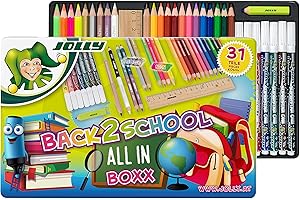 JOLLY Back to School Box, set di partenza per la scuola con 31 pezzi, incl. Matite colorate, pennarelli, matite in grafite, righello e gomma, colori vivaci e ricchi, robusta custodia in metallo