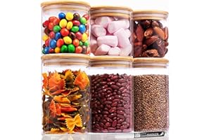 Deco haus® Set 6 Tarros de Cristal Reutilizables Tapa Bambú - Herméticos, Aptos Lavavajillas y Microondas - Contenedor para Galletas, Pasta, Comida Seca, Cereales - Alto 3x15/3x10cm Diámetro 10cm