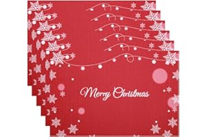 Banchif Tischsets Weihnachten Das Tischset Ist Mit Schneeflocke und Merry Christmas Motiv Abwaschbar rutschfest Abgrifffeste Hitzebeständig PVC Platzsets Tischdeko Weihnachten Set of 6
