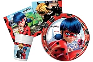 CIAO Kit Party Tavola Miraculous Ladybug per 8 persone (36 pezzi: 8 piatti Ø23cm, 8 bicchieri 200ml, 20 tovaglioli 33x33cm)