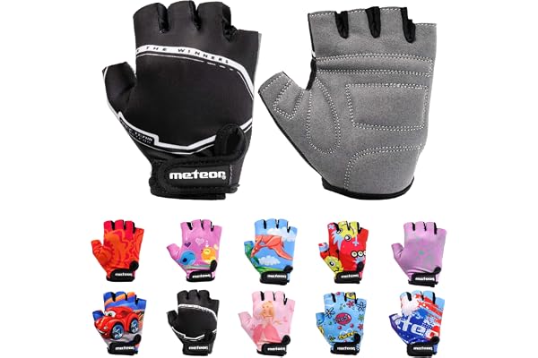 meteor Gants de Vélo Enfant Demi-Doigts Antidérapants Respirants Antichoc, Réglables pour Garçons et Filles, VTT, Cyclisme, Trottinette, Mitaines de Sport Été