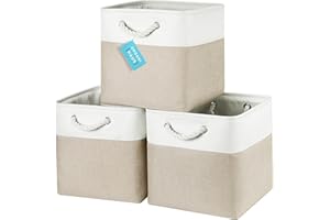 OrganiHaus Fabric Storage Boxes, Set of 3 Foldable 30X30 Cube Organiser Bins with Rope Handles for Shelves, Nursery & Closet, Collapsible Storage Baskets for Toys, Clothes & More - Beige/Off-White