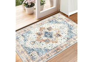 XSIVOD Entryway Rug Indoor Door mat, Blue Small Washable Area Rugs for Kitchen Bathroom Mat, Low Pile Vintage Rug, Non-Slip Bedroom Carpet for Front Door Entrance Welcome Mat, 60 x 90 cm