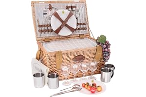 Les Jardins de la Comtesse - Picknick-Korb aus Weidengeflecht Concorde - für 4 Personen, Kühlbox, Teller, Weingläser, Timbales aus Aluminium, Stoff, Farbe: Weiß und Grau, 47 x 31 x 24 cm