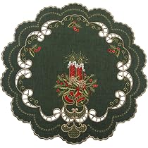Weihnachts-Tischdecke Dunkelgrün Mit Roter Kerzen-Stickerei – Leinen-Optik, Rund Ca. 60 Cm