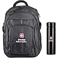 Swiss Military Combo of Laptop Backpack, Travel Backpack for Men, Bagpacker Bag for Men with USB Charging Port, Black, 25L & Stainless Steel Water Bottle, Digital Vacuum Flask, LED touch Lid, Black, 1