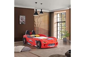 Aileenstore Łóżko dziecięce w kształcie samochodu Rio 90 x 200 cm, ze stelażem listewkowym, spoiler (bez materaca, czerwone wraz z fotelami sportowymi)