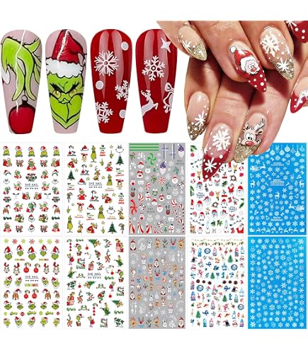 5D Weihnachts-Nagelsticker – 4 Blätter Mit Geprägtem 3D-Effekt (Schneemann, Elch, Weihnachtsbaum…) – Selbstklebend & Vielseitig