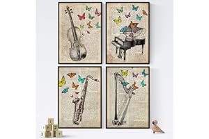 Nacnic Pack de Cuatro láminas Vintage Piano, Arpa, Violin Y Saxon con definiciones música, emociones, comunicacion, Placer. Tamaño A4 - con Marco Negro A4.