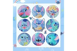 RICUVED 8Pcs Diamond Painting Coasters Set, Stitch Theme Diamond Art Coasters Kits for Adults Kids Diamond Art Painting Crafts Supplies Coasters with Holder for Tables & Home Decor