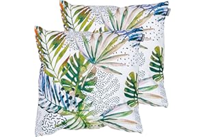 Bean Bag Bazaar Outdoor Cushions Filled, Wild Collection, Decorative Palm Print, Set of 2, 43cm x 43cm, Water Resistant, Outdoor Cushions for Garden Furniture, Garden, Patio