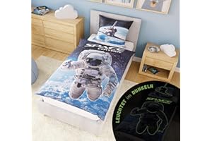 ‎CARPE SONNO Carpe Sonno Kinder Bettwäsche 135x200 Kinder [Leuchtet im Dunkeln] Astronaut + 10 Spiele | 100% Baumwolle + Oeko-Tex 100 | Leuchtende Kinderbettwäsche 135x200 | Weltraum Bettwäsche Weltall