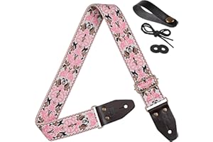 Amumu Pink Spades Sangle de guitare en forme de cœur brodé Style vintage avec extrémités en cuir de vache et poche pour médiator Compatible avec basse, guitare électrique et acoustique