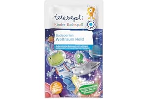 tetesept Perlas de baño para niños, diseño de héroe espacial, coloridas para divertirse extraterrestres en la bañera, baño infantil con purpurina, aroma a melón y fórmula para el cuidado de la piel, 8